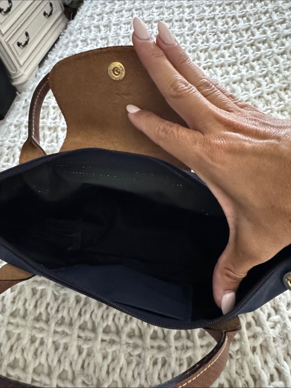 Longchamp Navy Nylon Tote with Brown Leather Trim - Picture 3 of 3
